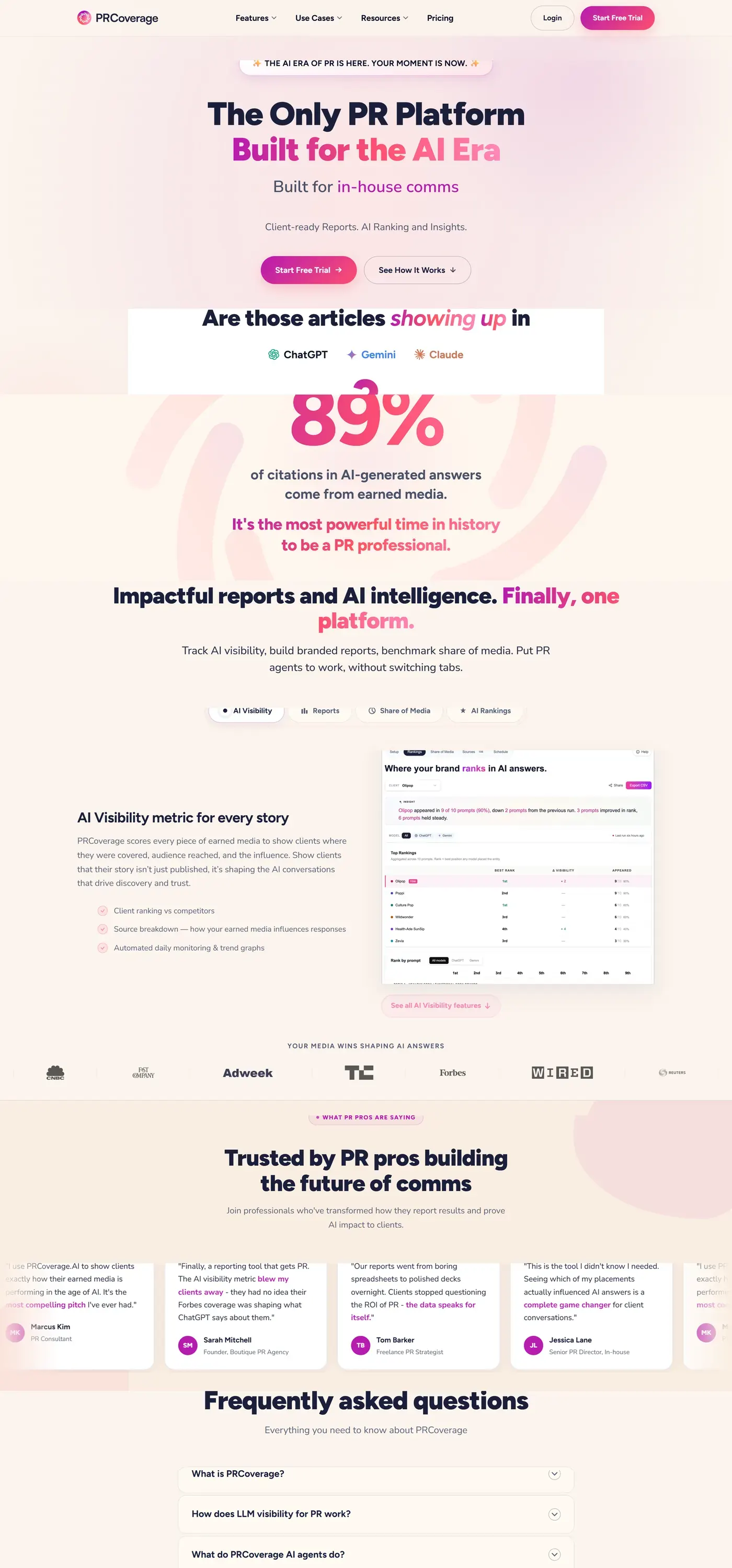 PRcoverage.ai website, full desktop page