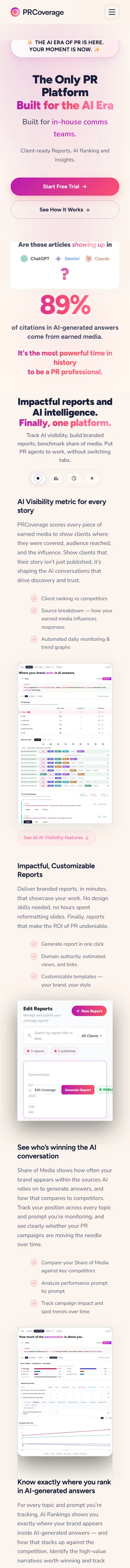 PRcoverage.ai website on a phone, full mobile page