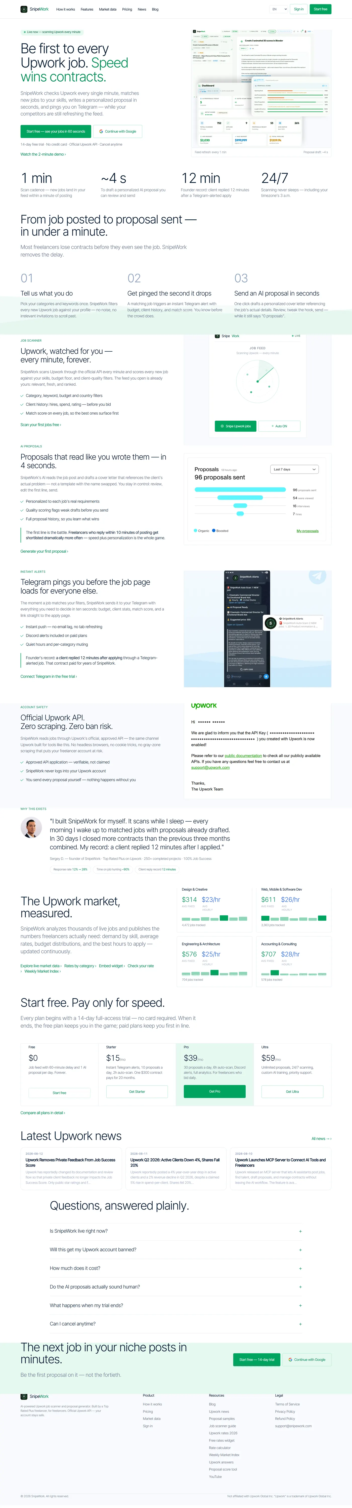 SnipeWork website, full desktop page