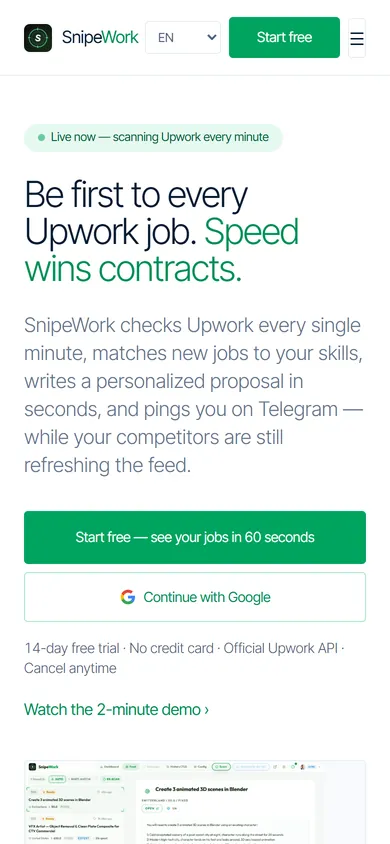 SnipeWork mobile home screen