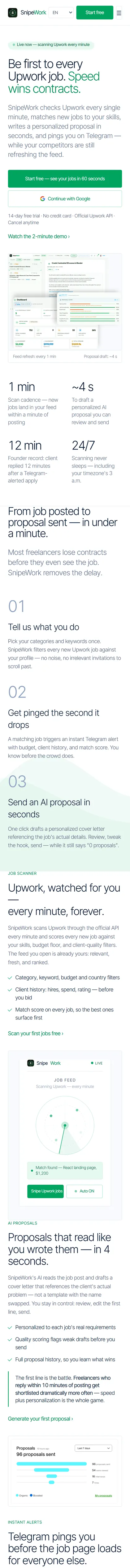 SnipeWork website on a phone, full mobile page